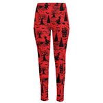 Red And Black Horror Witch Pattern Print High-Waisted Pocket Leggings
