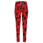 Red And Black Horror Witch Pattern Print High-Waisted Pocket Leggings
