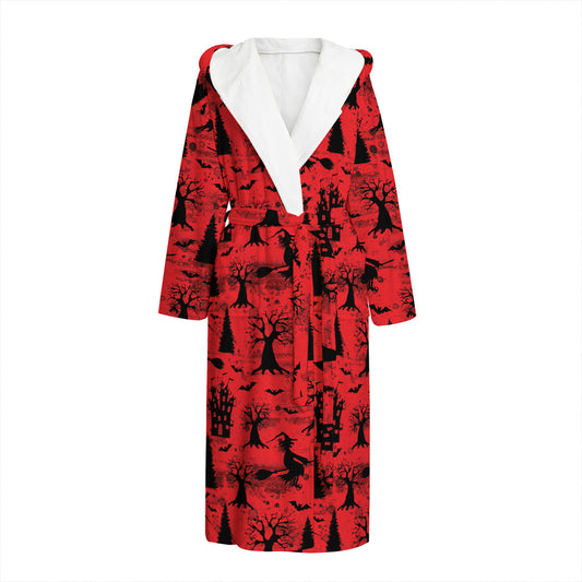 Red And Black Horror Witch Pattern Print Hooded Bathrobe