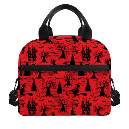 Red And Black Horror Witch Pattern Print Insulated Lunch Bag