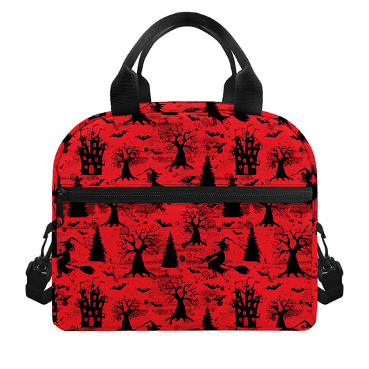 Red And Black Horror Witch Pattern Print Insulated Lunch Bag