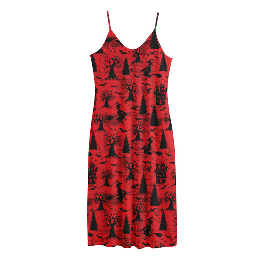 Red And Black Horror Witch Pattern Print Jersey Midi Cami Dress
