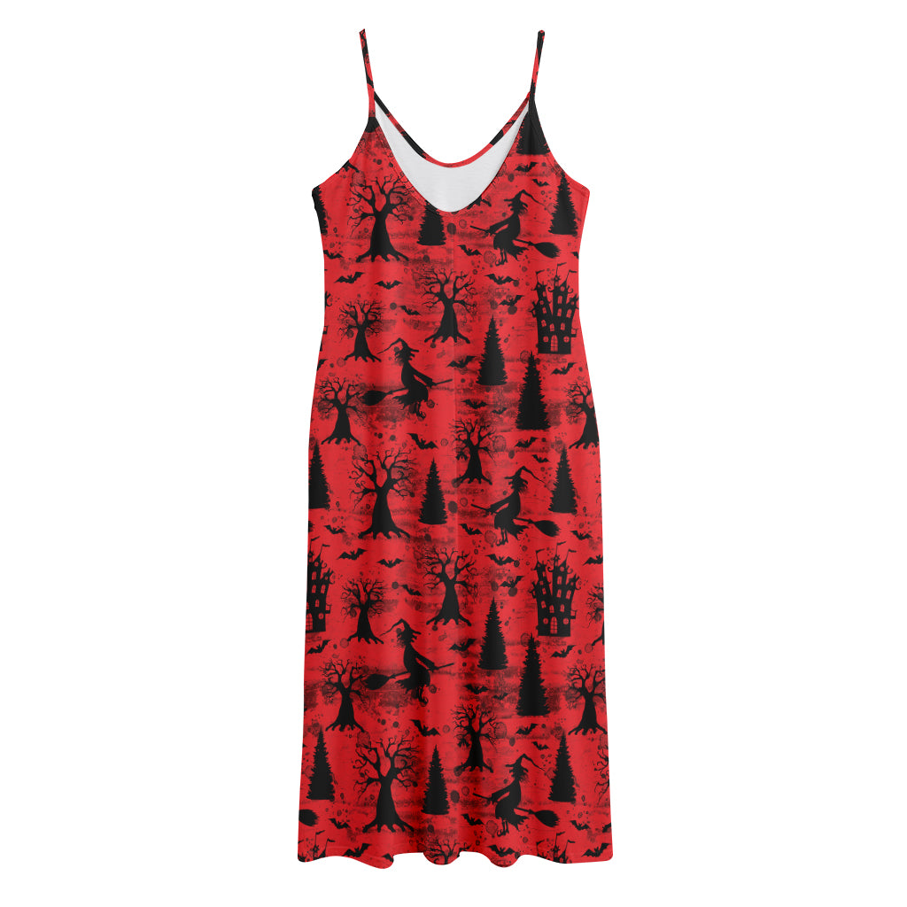 Red And Black Horror Witch Pattern Print Jersey Midi Cami Dress