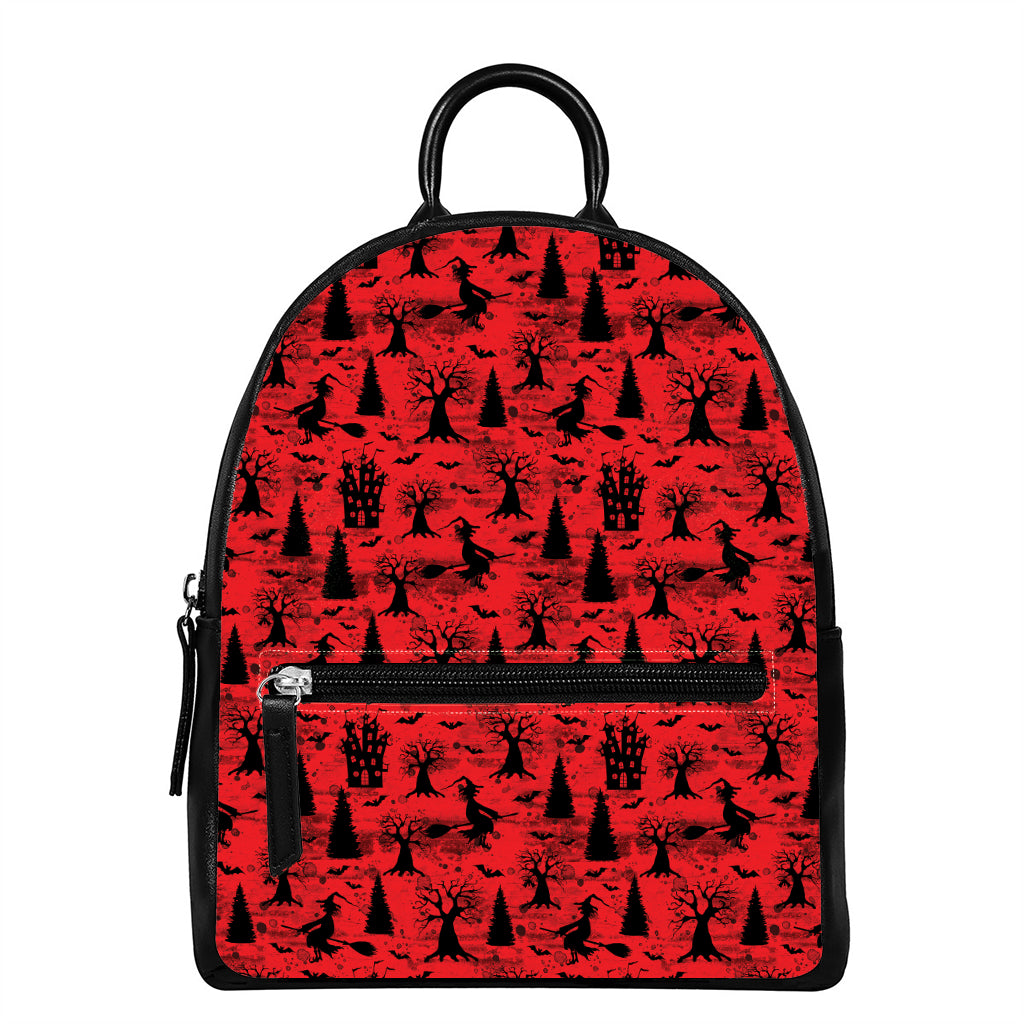Red And Black Horror Witch Pattern Print Leather Backpack