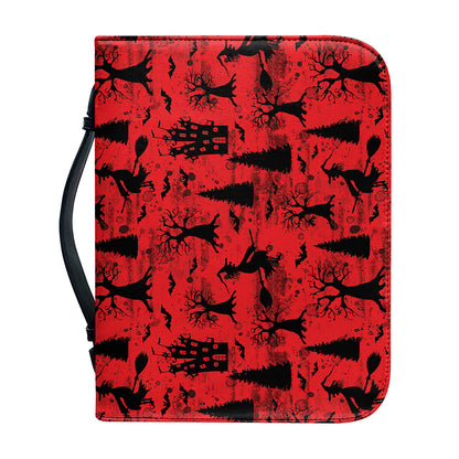 Red And Black Horror Witch Pattern Print Leather Bible Cover