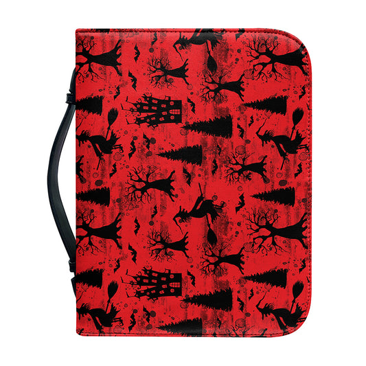 Red And Black Horror Witch Pattern Print Leather Bible Cover