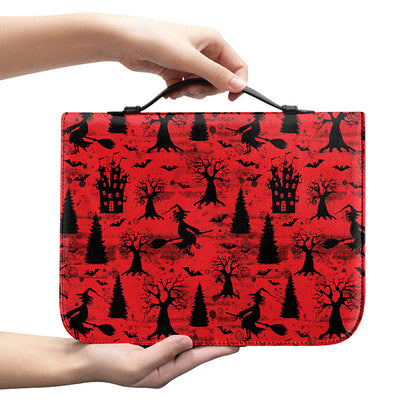 Red And Black Horror Witch Pattern Print Leather Bible Cover