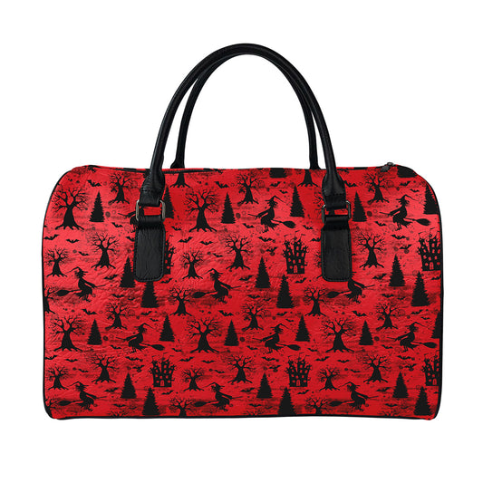 Red And Black Horror Witch Pattern Print Leather Duffle Bag