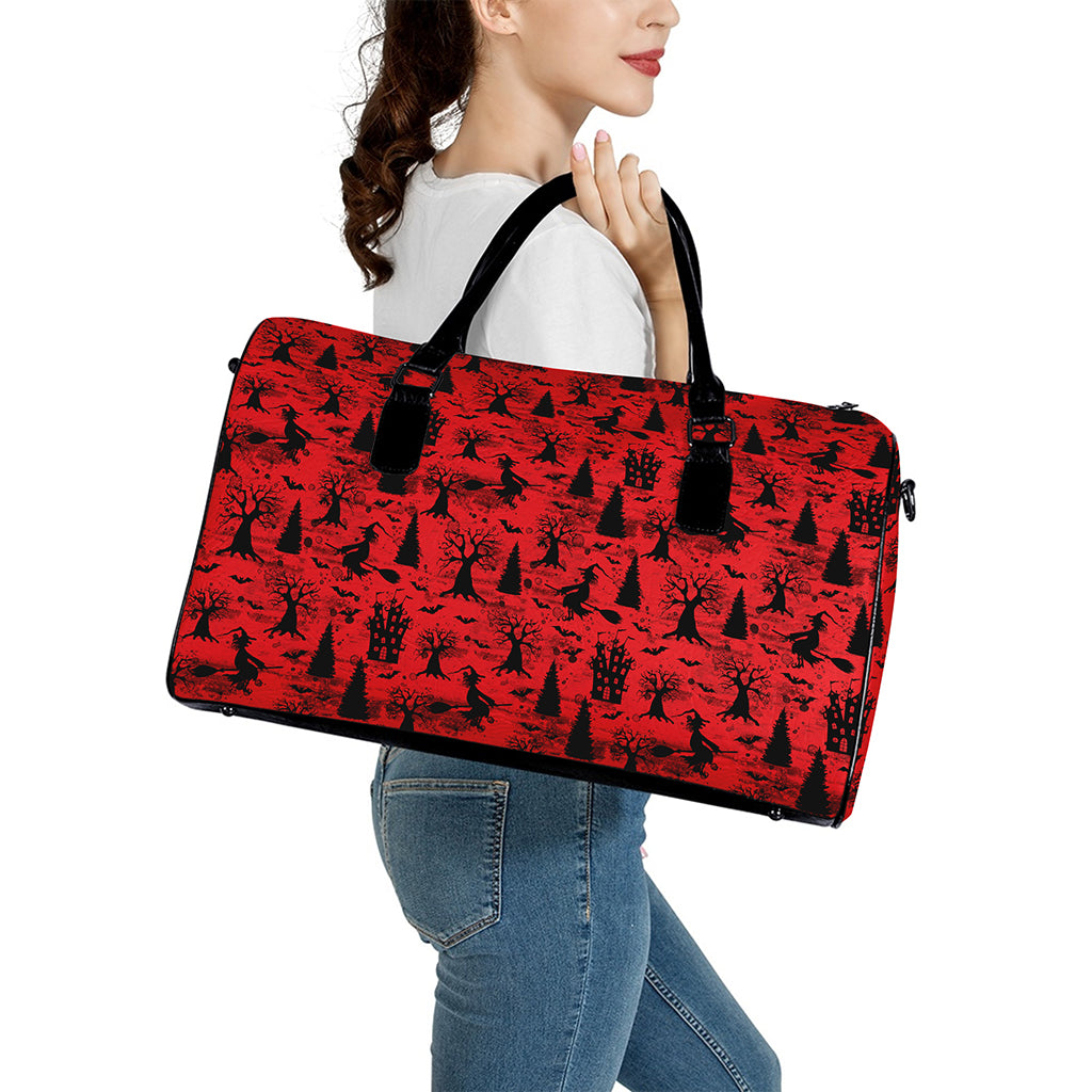 Red And Black Horror Witch Pattern Print Leather Duffle Bag