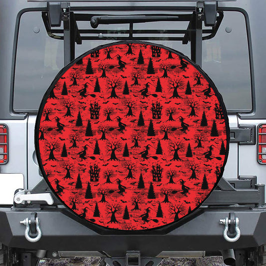 Red And Black Horror Witch Pattern Print Leather Spare Tire Cover
