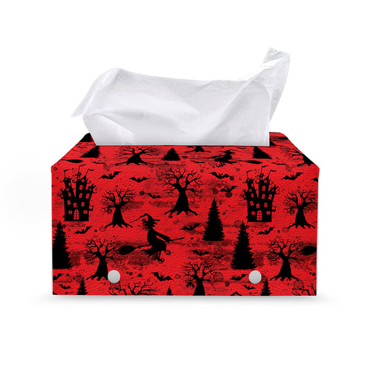 Red And Black Horror Witch Pattern Print Leather Tissue Box Cover