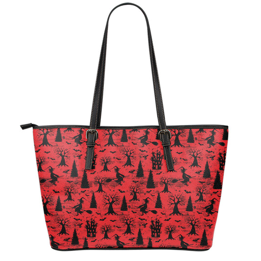 Red And Black Horror Witch Pattern Print Leather Tote Bag
