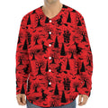 Red And Black Horror Witch Pattern Print Long Sleeve Baseball Jersey