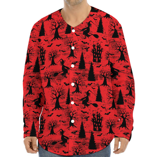 Red And Black Horror Witch Pattern Print Long Sleeve Baseball Jersey