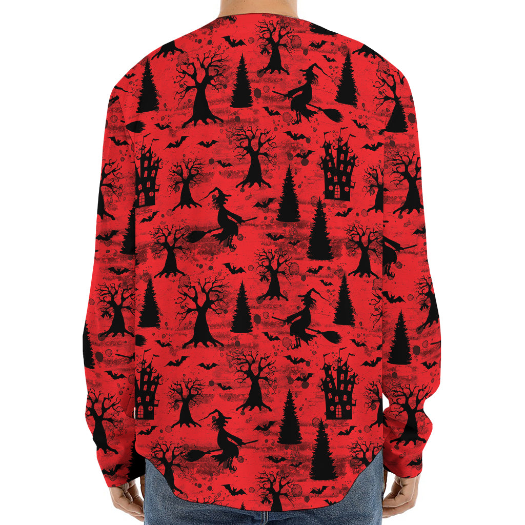 Red And Black Horror Witch Pattern Print Long Sleeve Baseball Jersey