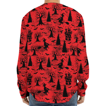 Red And Black Horror Witch Pattern Print Long Sleeve Baseball Jersey