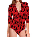 Red And Black Horror Witch Pattern Print Long Sleeve Swimsuit