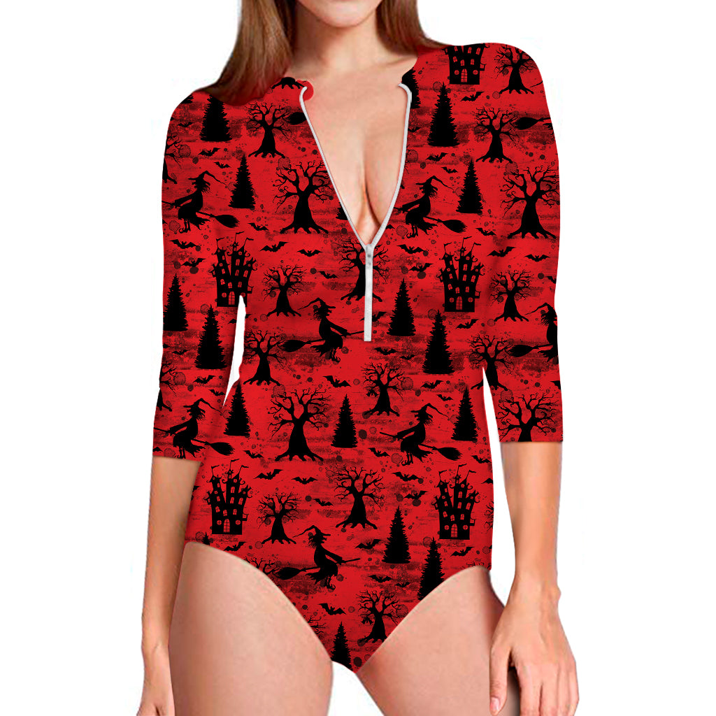 Red And Black Horror Witch Pattern Print Long Sleeve Swimsuit