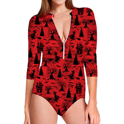 Red And Black Horror Witch Pattern Print Long Sleeve Swimsuit
