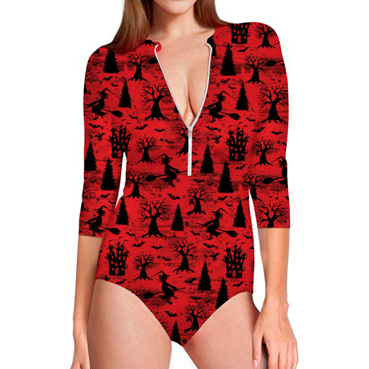 Red And Black Horror Witch Pattern Print Long Sleeve Swimsuit