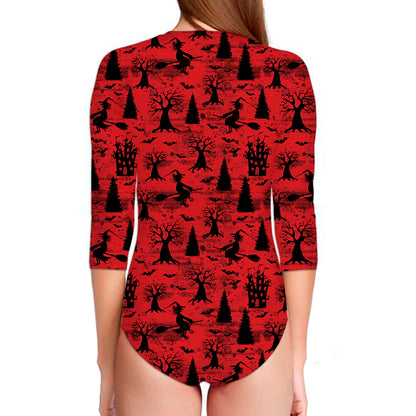 Red And Black Horror Witch Pattern Print Long Sleeve Swimsuit