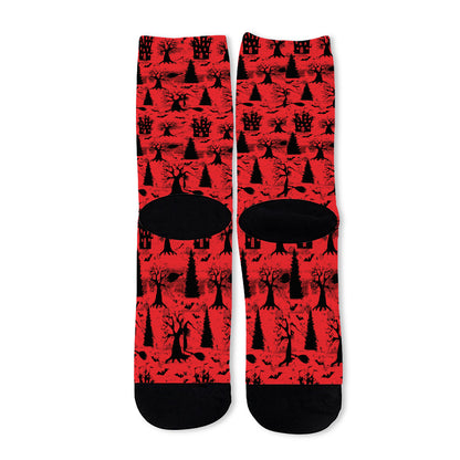 Red And Black Horror Witch Pattern Print Long Socks