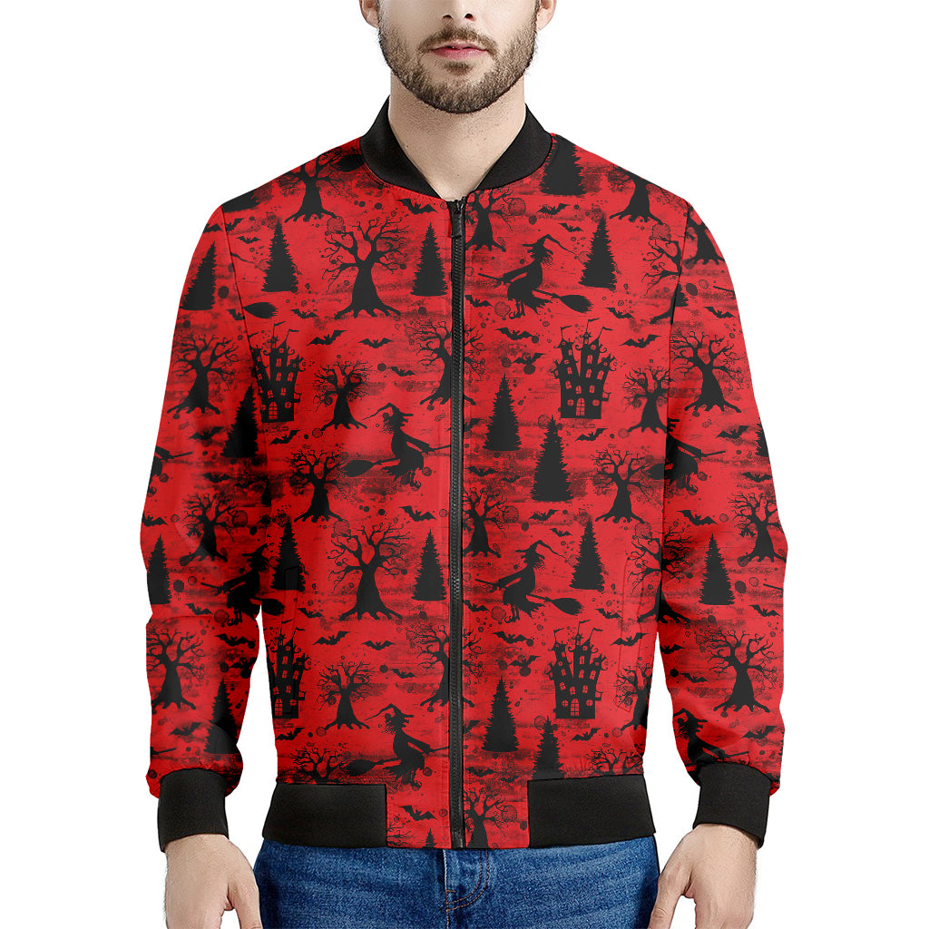 Red And Black Horror Witch Pattern Print Men's Bomber Jacket