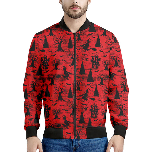 Red And Black Horror Witch Pattern Print Men's Bomber Jacket