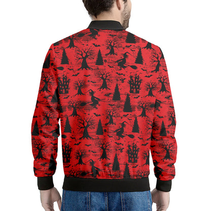 Red And Black Horror Witch Pattern Print Men's Bomber Jacket
