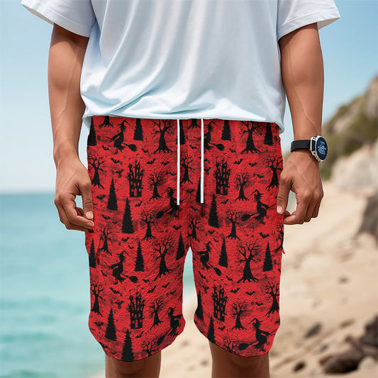 Red And Black Horror Witch Pattern Print Men's Cargo Shorts