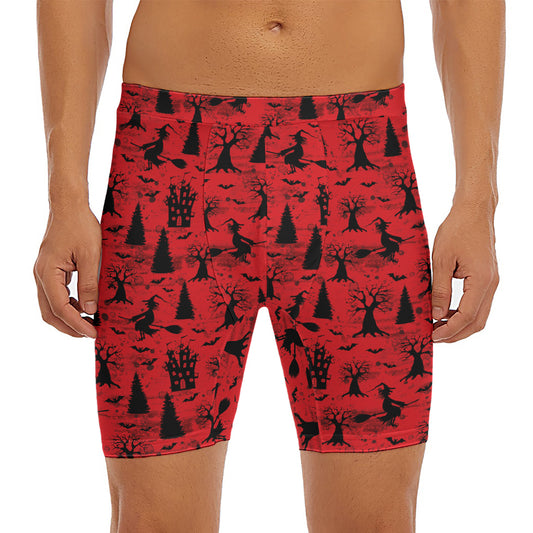 Red And Black Horror Witch Pattern Print Men's Long Boxer Briefs