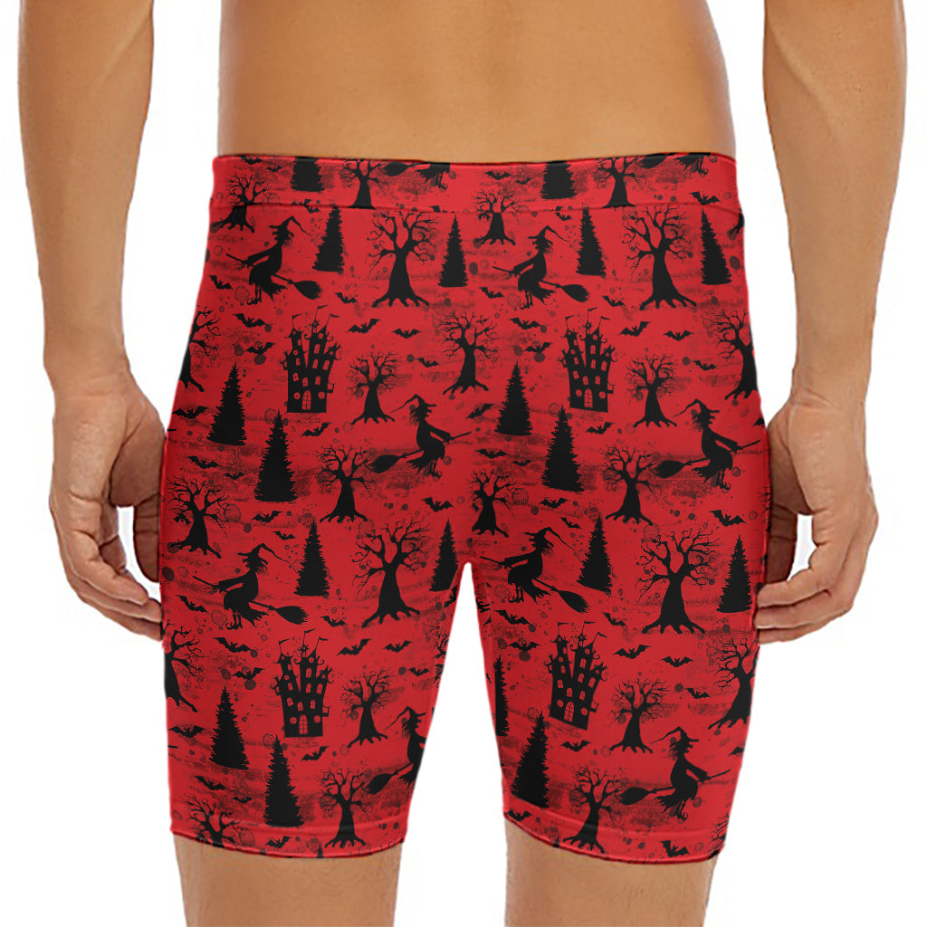 Red And Black Horror Witch Pattern Print Men's Long Boxer Briefs