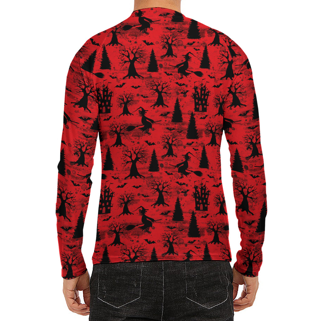 Red And Black Horror Witch Pattern Print Men's Long Sleeve Rash Guard