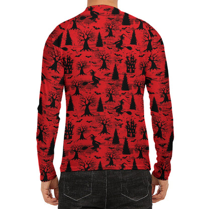 Red And Black Horror Witch Pattern Print Men's Long Sleeve Rash Guard