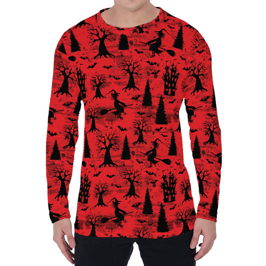 Red And Black Horror Witch Pattern Print Men's Long Sleeve T-Shirt