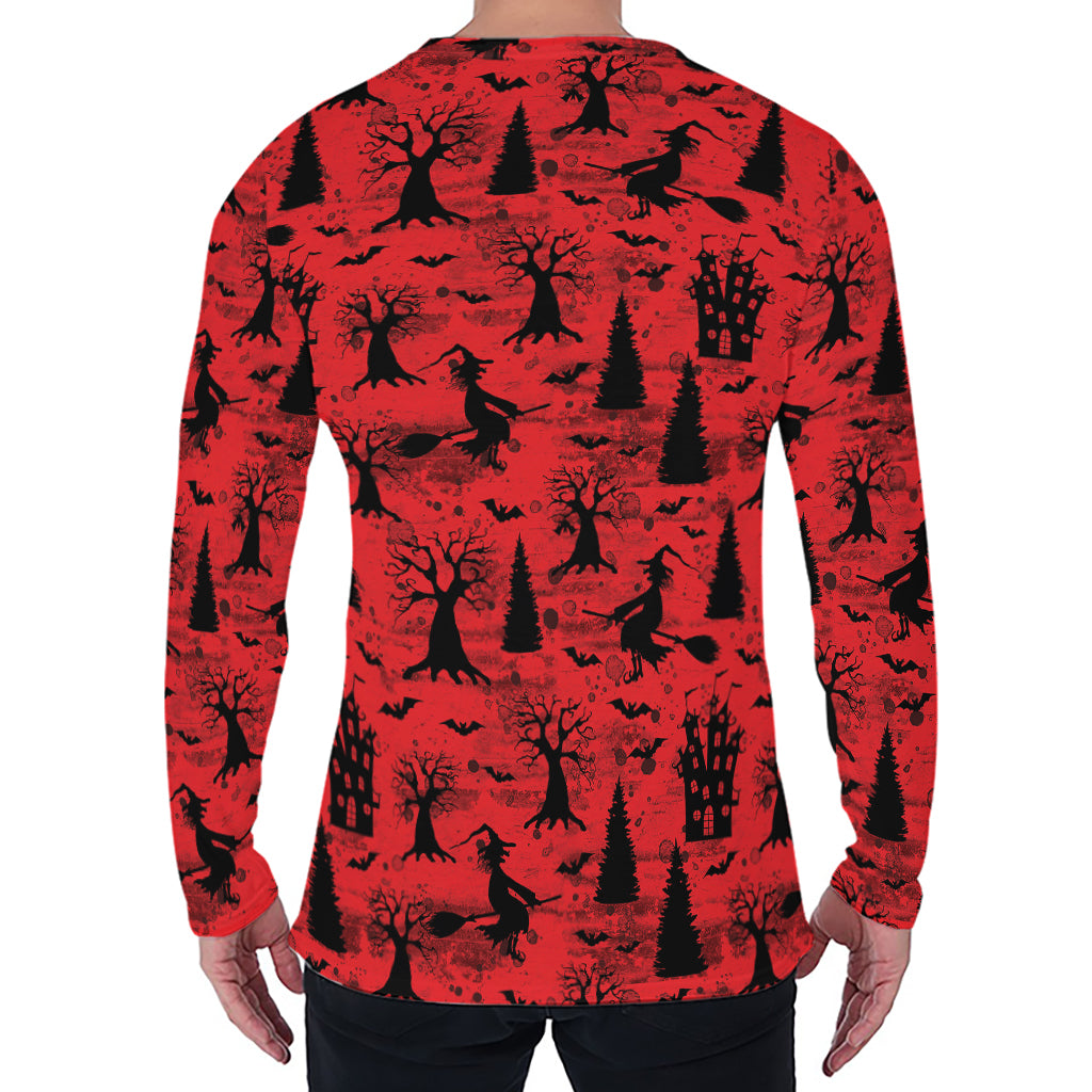 Red And Black Horror Witch Pattern Print Men's Long Sleeve T-Shirt