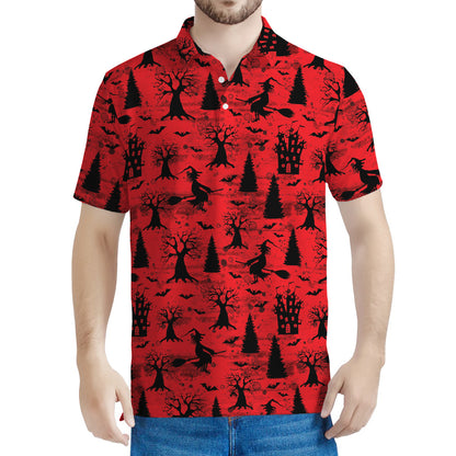 Red And Black Horror Witch Pattern Print Men's Polo Shirt