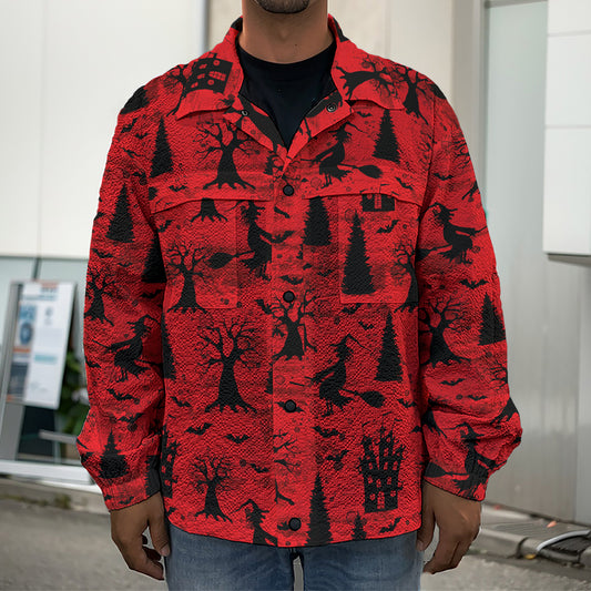 Red And Black Horror Witch Pattern Print Men's Shirt Jacket