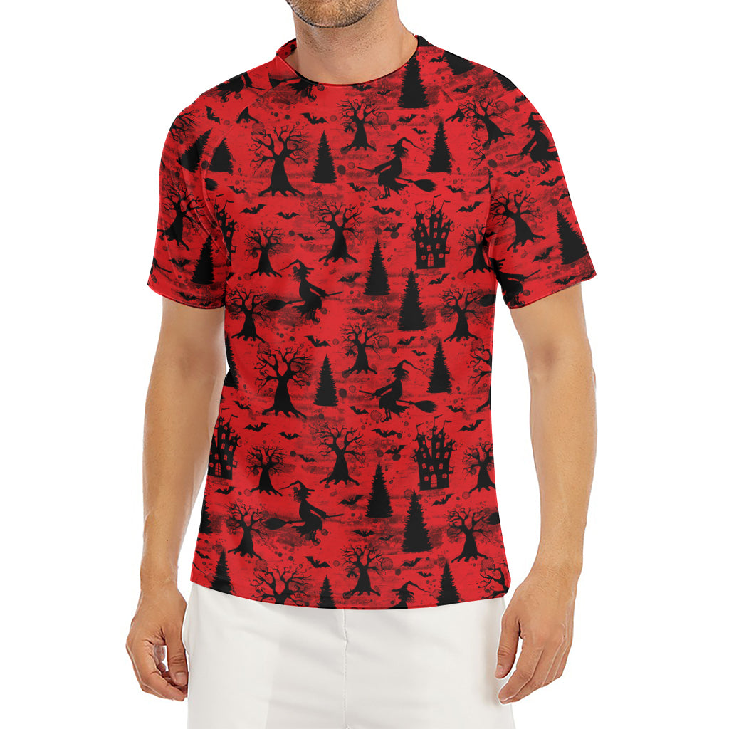 Red And Black Horror Witch Pattern Print Men's Short Sleeve Rash Guard