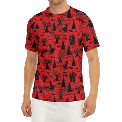 Red And Black Horror Witch Pattern Print Men's Short Sleeve Rash Guard
