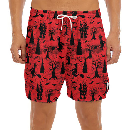 Red And Black Horror Witch Pattern Print Men's Split Running Shorts