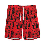 Red And Black Horror Witch Pattern Print Men's Sports Shorts