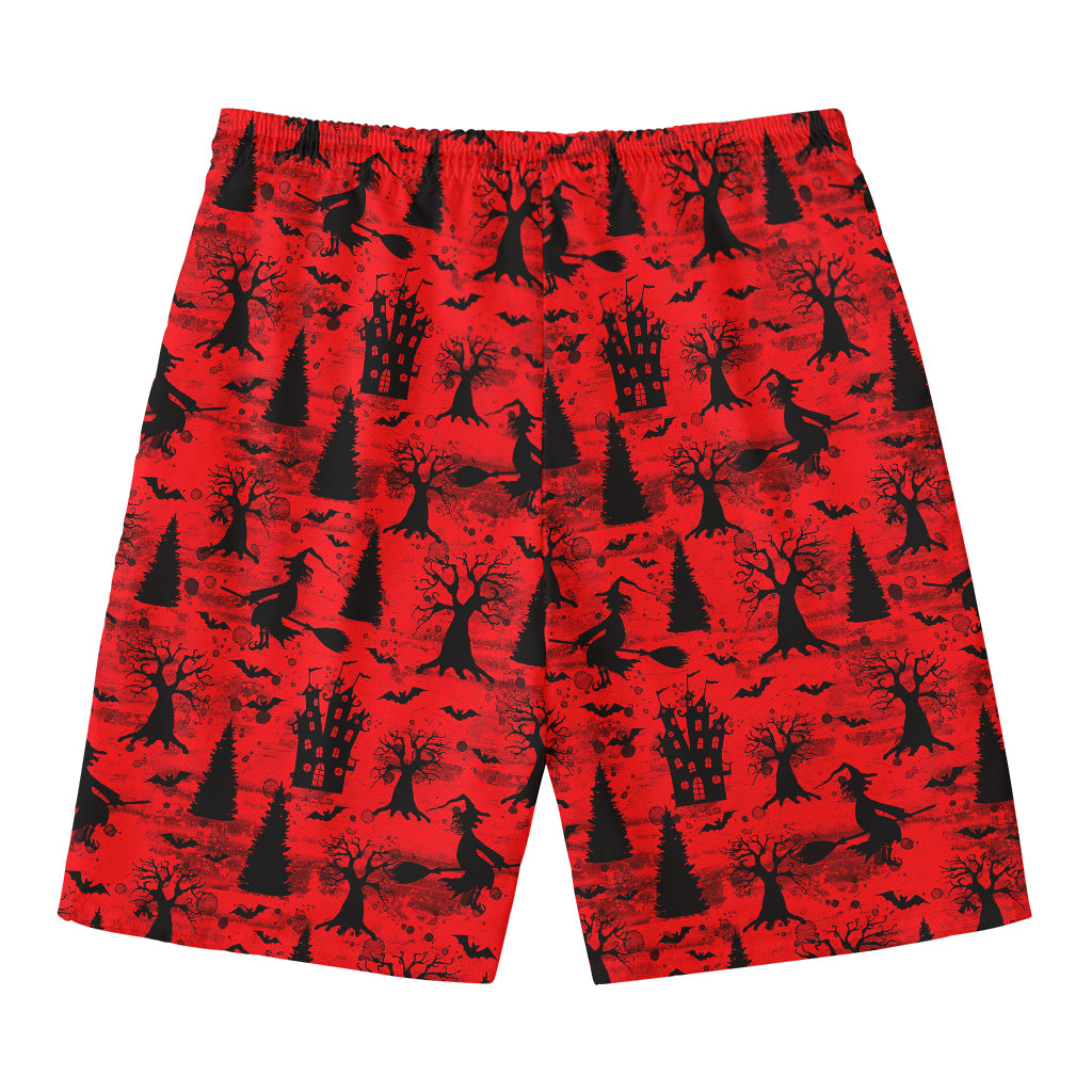 Red And Black Horror Witch Pattern Print Men's Swim Trunks