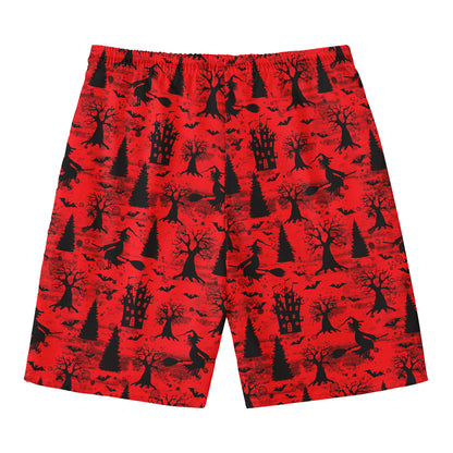 Red And Black Horror Witch Pattern Print Men's Swim Trunks