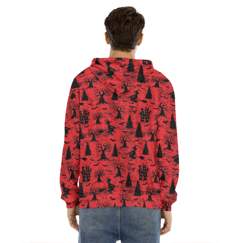 Red And Black Horror Witch Pattern Print Men's Velvet Pullover Hoodie