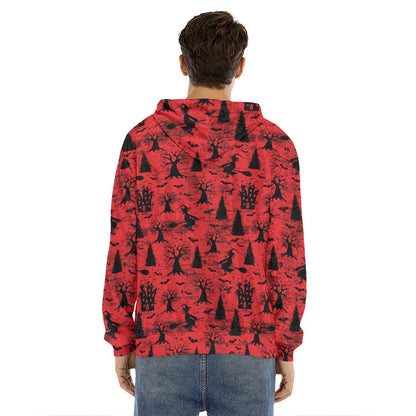 Red And Black Horror Witch Pattern Print Men's Velvet Pullover Hoodie