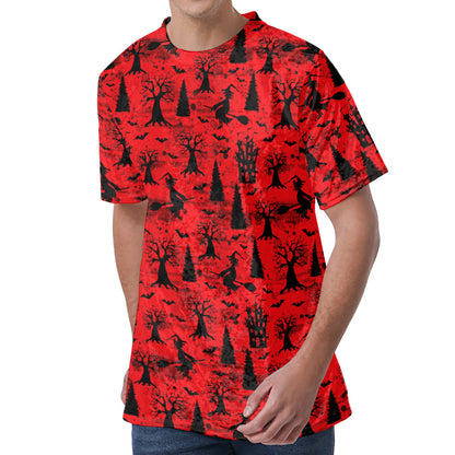 Red And Black Horror Witch Pattern Print Men's Velvet T-Shirt