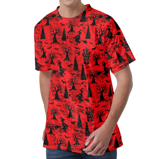Red And Black Horror Witch Pattern Print Men's Velvet T-Shirt