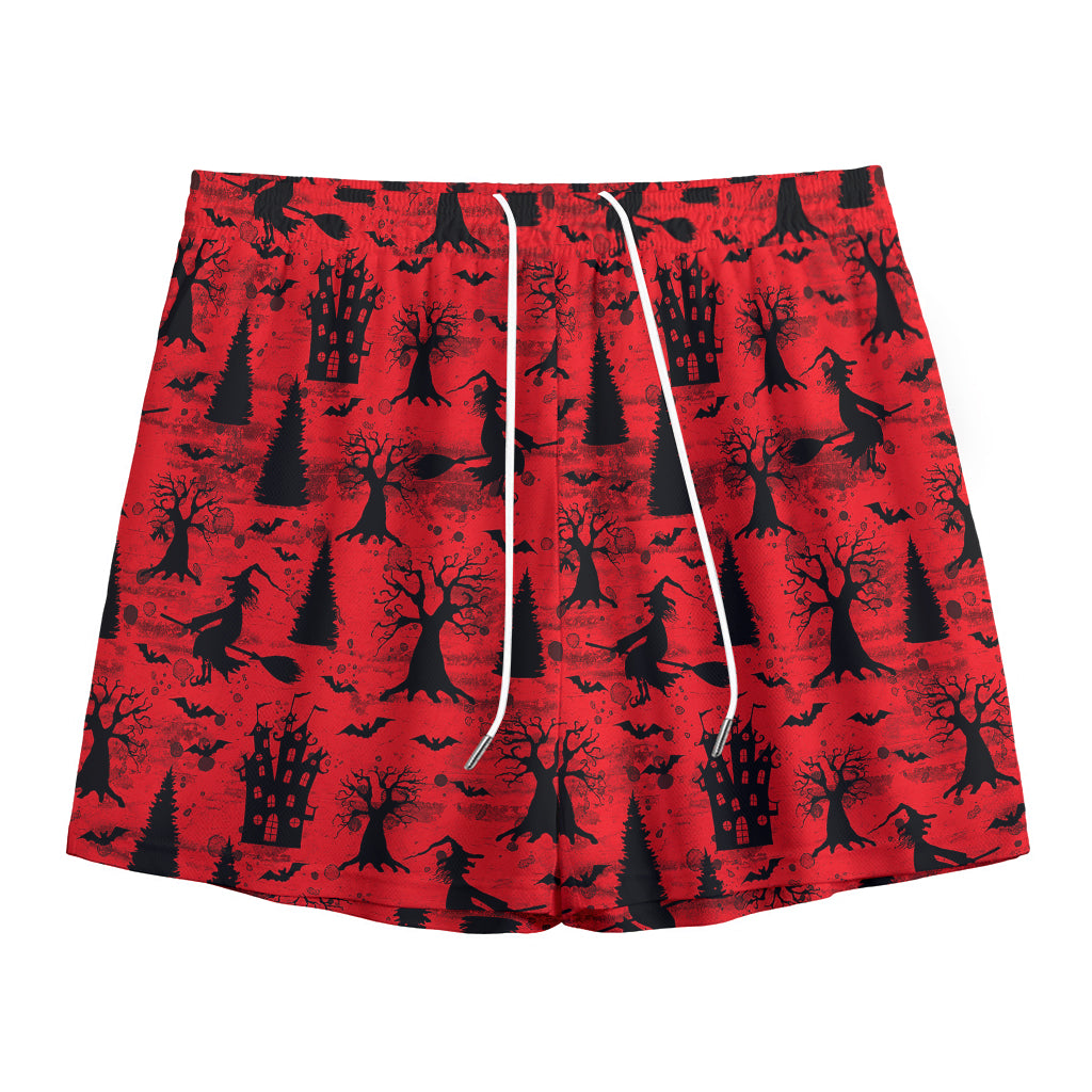 Red And Black Horror Witch Pattern Print Mesh Shorts