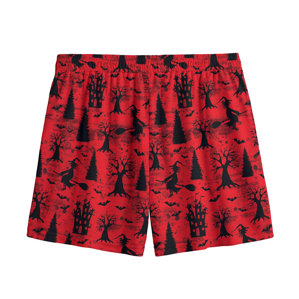 Red And Black Horror Witch Pattern Print Mesh Shorts